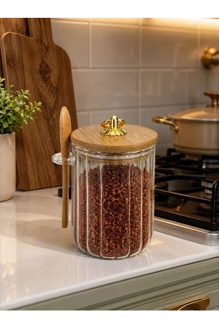 Qerhome Kaşıklı Çizgili Cam Baharat Kavanozu 600 Ml - Gold Halka Kulplu Bambu Kapaklı Saklama Kabı Dh 57-59 Şeffaf