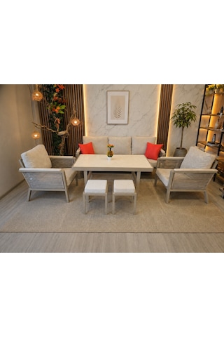 Kanyon Metal Bahçe Balkon Teras Koltuk Takımı 3+1+1+masa+2 Adet Puf Krem