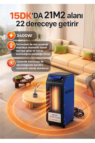 Nestello Elektrikli Isıtıcı 3400w, 3 Kademeli Ayar, Sessiz Fanlı Isıtıcı