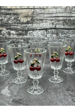 6 Lı Kristal Cam Kahve Yanı Bardağı Kiraz Bardak Kirazlı Flüt 75m