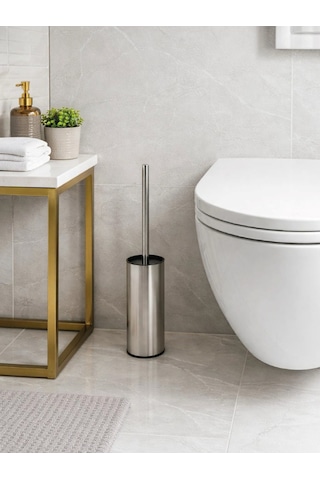 Paslanmaz Çelik İnce Silindir Tuvalet Fırçası Modern, Şık Wc Fırçası Ve Standı Vıchy-7048 Gümüş