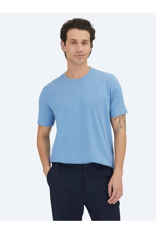 Kip Mavi Düz Bisiklet Yaka %100 Pamuk T-shirt Mavi