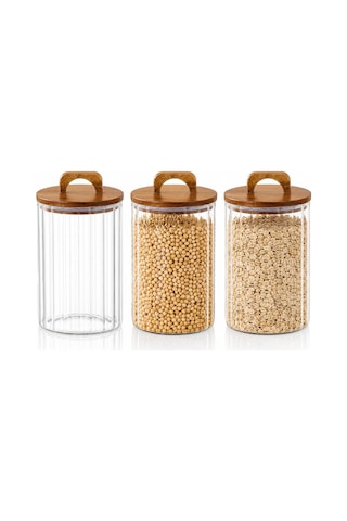 2450 Ml Zahire Kavanozu 3'lü Set, Ahşap Kapaklı Kulplu Cam Erzak Saklama Kabı, Bakliyat Makarna Kahve Kuruyemiş Saklama Kavanozu, Ribbed Cam Mutfak Düzenleyici Kavanoz Seti Çok Renkli