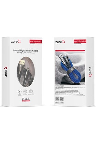 Zore Focus Metal Uçlu Halat Kablo Type C 2.4 A 1 M -> Mavi