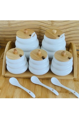 Qerhome Bambu Standlı Porselen 5'li Baharatlık Cmr ŞEffaf