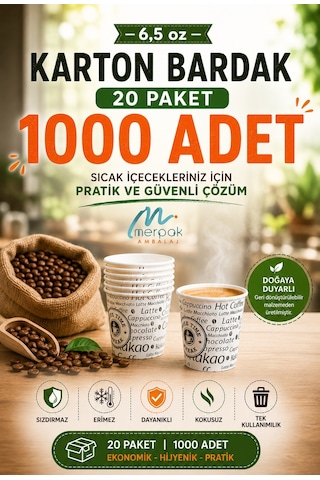 Karton Bardak 6,5 Oz 1000'li Sızdırmaz Erimez Kağıt Bardak