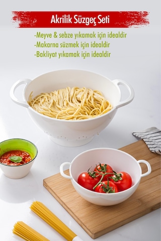 Akrilik Beyaz 2 Li Süzgeç Seti Makarna & Pirinç Süzgeci