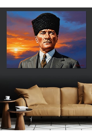 Kalpak Başlıklı Atatürk Portresi Ve Gün Batımı Dekoratif Kanvas - Mdf Ahşap Tablo