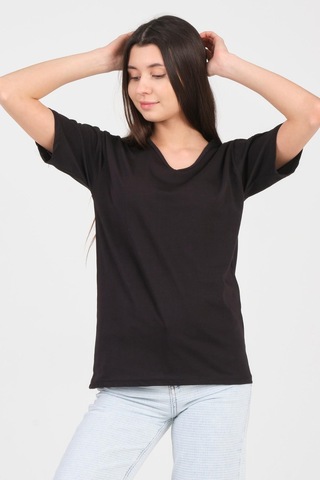 As Collection Siyah V Yaka Kısa Kol Örme Kadın T-shirt Siyah