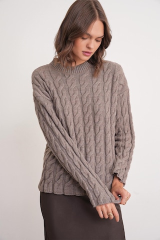 6973 Kadın Saç Örgülü Regular Basic Triko Kazak Toprak Toprak