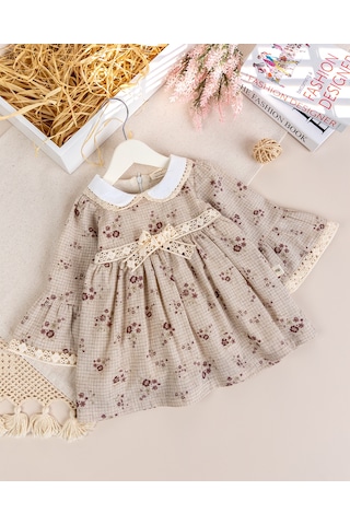 Babymod Bebe Yaka Dantelli 100% Pamuk Şık Kız Bebek Elbise Bej
