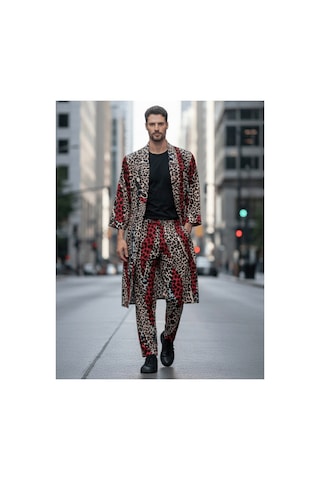 Qmen Style Erkek Kimono Takımı Leopar Desen 3 Lü Viskon Set Bornoz + Pantolon + Şort Bordo