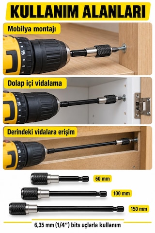 3 Parça Kilitli Manyetik Bits Uç Uzatma Seti 60 / 100 / 150 Mm