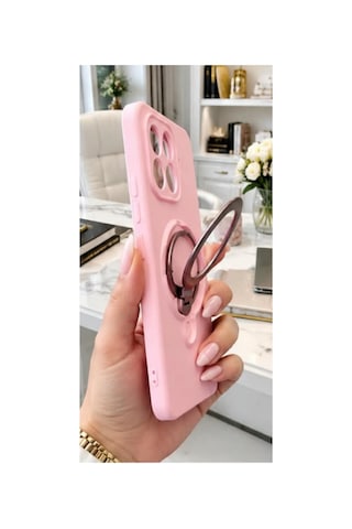 Mi 17t Pro İle Uyumlu 360 Derece Dönebilen Kalın Metal Magsafe Halka Stantlı İçi Kadife Korumalı Ultra Lüx Premium Silikon Kılıf Pembe