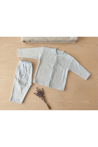Bambık Beberium Bebe Mavi Çıtçıtlı Bebek Pijama Takımı 6-12 Ay Unisex Fitilli 2'li Pijama Seti