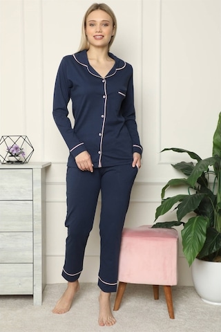 Akbeniz Kadın %100 Pamuk Penye Önden Düğmeli Uzun Kol Pijama Takı