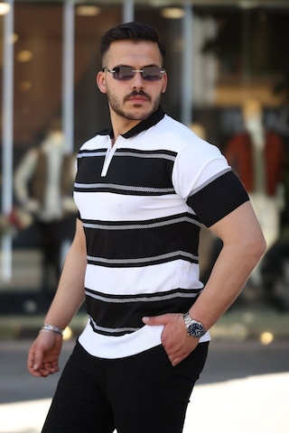 Erkek Yakalı Fermuarlı Çift Renk Kısa Kollu T-shirt Siyah