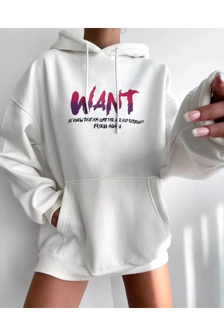 Efnaz Style Baskılı Üç İplik Kapüşonlu Oversize Sweatshirt - Beyaz