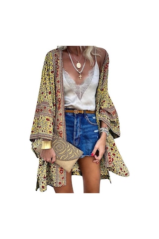 Kadın Yaz Önü Açık Hırka Bohem Tatil Bikini Cover Up Hırka Kimono Dış Giyim Sarı