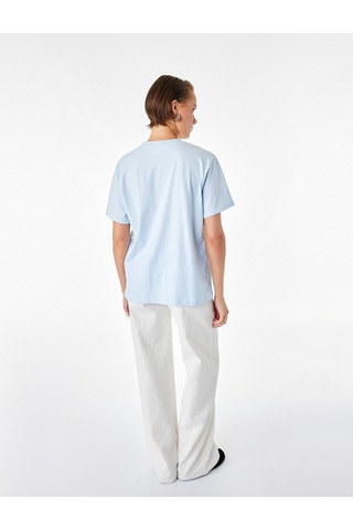 Koton Pamuklu Kısa Kollu Bisiklet Yaka Oversize Basic Tişört Mavi 7wak50007ek