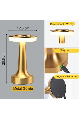 Dokunmatik Şarjlı Metal Masa Lambası 3 Renk Taşınabilir Retro Led