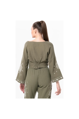 Uzun Kol Günışığı Büzgü Detaylı Yazlık Müslin Bluz Haki Hk-haki Haki