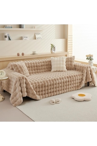 Willowhaven Kış Yumuşak Tavşan Peluş Kanepe Havlusu, Modern Açık Kahve Örtü, 180x130 Cm, Kombine Kanepe İçin Açık Kahve