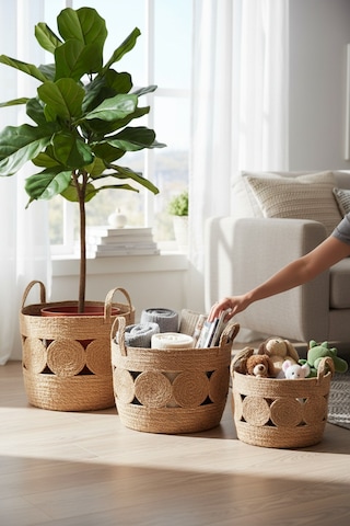 Akayev Nature Hasır 3lü Yuvarlak El Örmesi Saksı Ve Organizer Magazinlik