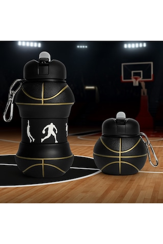 Basketbol Topu Tasarımlı Katlanabilir Akordiyon Su Şişesi Spor Ve Seyahat İçin SİYAH-SARI