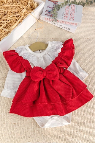 Babymod Fiyonklu 100% Pamuk Şık Kız Bebek Jile Etek Elbise Kırmızı