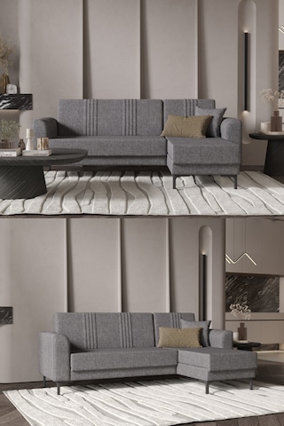 Rio Köşe Takımı Salon & Oturma Odası Açılır Yataklı Sandıklı Gri Gri