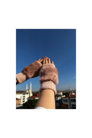 Mollycrush Kadın Peluş Detaylı Yarım Parmak Kışlık Eldiven Sıcak Tutarlı Şık Tasarım Pudra