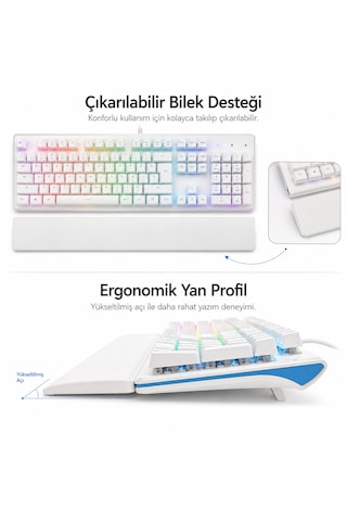 Türkçe Q Mekanik Gaming Klavye Kablolu Usb Rainbow Led Aydınlatmalı Bilek Destekli Full Size Beyaz