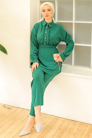 Bestenur Fırfır Yaka Tunik Pantolon İkili Takım 930 - Yeşil