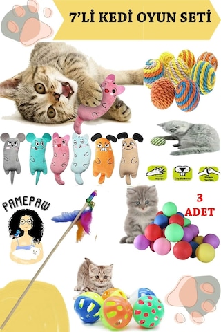 7'li Set : Kedi Nanesi Kokulu Peluş Oyuncak , Sarma Top , Olta , 3'lü Mini Top , Çıngıraklı Top