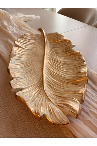 Büyük Yaprak Dekoratif Tabak / Sunumluk Krem & Eskitme Altın Varaklı 35x20 Cm
