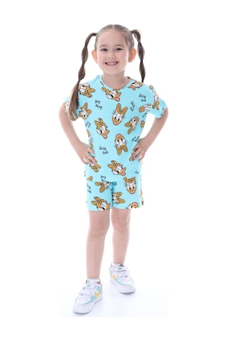 %100 Pamuk Interlok Kumaş Kısa Kollu Şortlu Kız Çocuk Pijama Takımı 3,4,5,6,7,8 Yaş Turkuaz