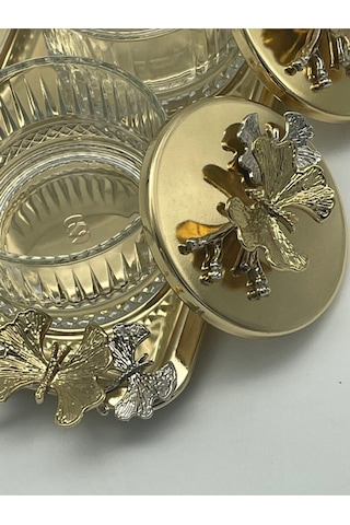 Elysia Gold 3'lü Çerezlik,sunumluk,baharatlık,dondurmalık Dikdörtgen Tepsili Cam Kase Gold