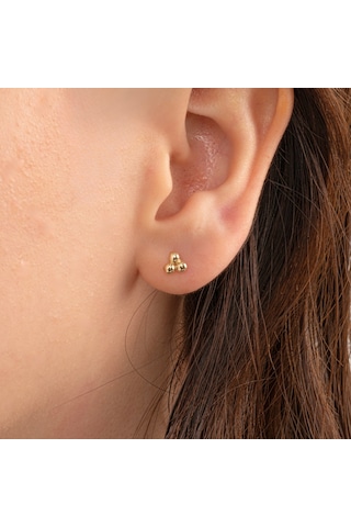 Altın Küpe - 14 Ayar Altın Üç Toplu Minimal Küpe Sarı