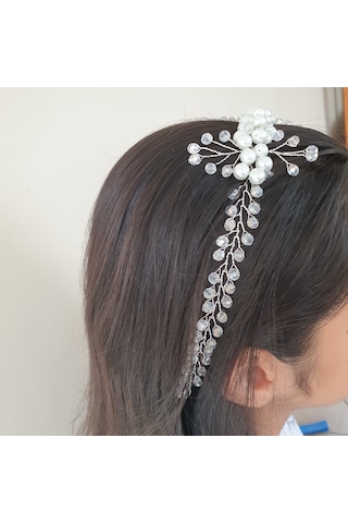 Beyaz Renk Incili Ve Kristal Boncuklu Gelin Tacı (549163085)