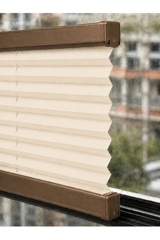 Plise Perde Krem Kumaş + Bronz Profil Kasa Cam Balkon Perdesi