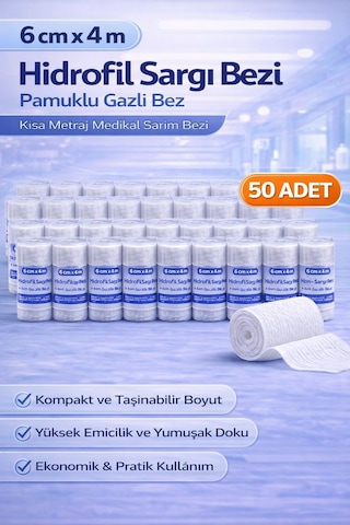 6 Cm X 4 M Hidrofil Sargı Bezi Pamuklu Gazlı Bez Kısa Metraj Medikal Sarım Bezi 50 Adet