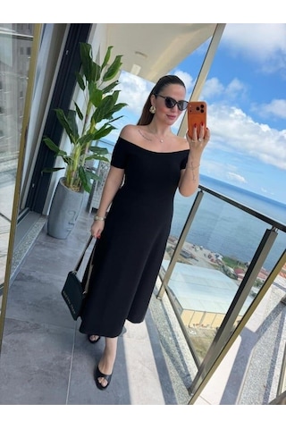 Meridefashion Madonna Yaka Midi Boy Modal Elbise - 62608 - Kırmızı Çok Renkli