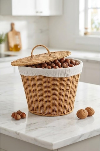 Kapaklı Bezli Hasır Patates Soğan Sepeti - 28x23 Cm Mutfak Düzenleyici Çok Renkli