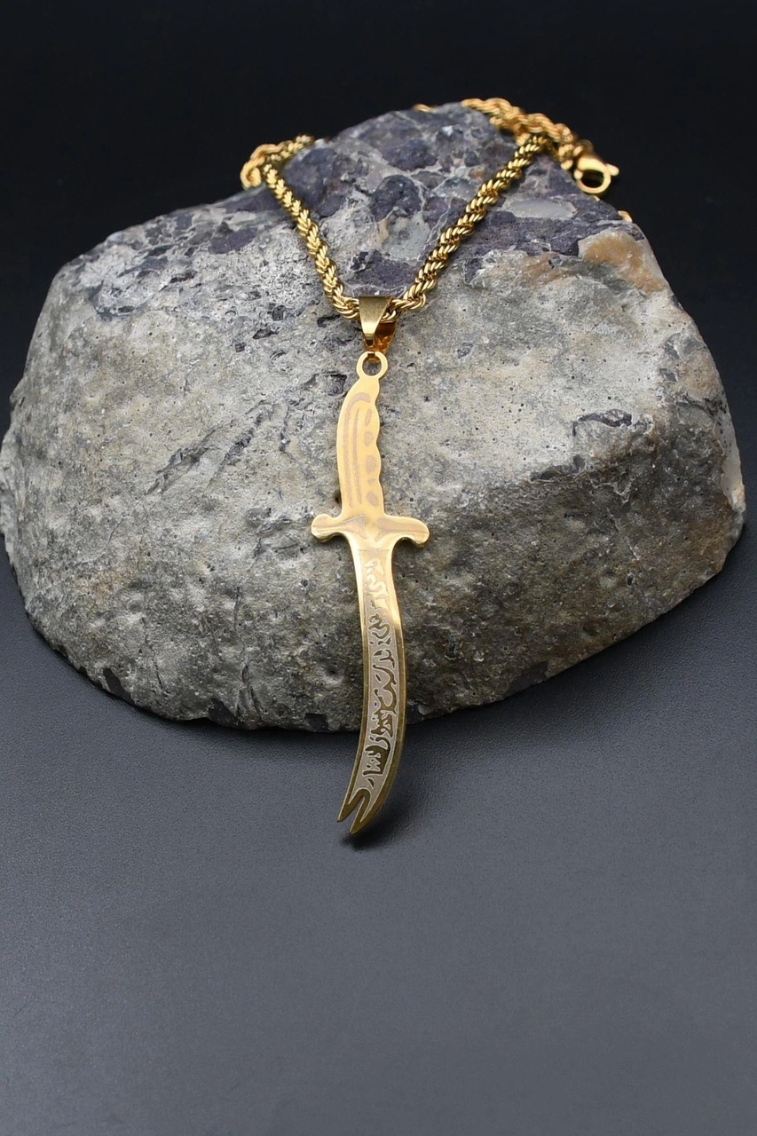 La Feta İlla Ali La Seyfe İlla Yazlı Zülfikar Kolye Paslanmaz Çelik Zincir Altın Kaplama 3mm 902308 Altın