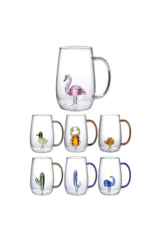 4'lü Figürlü Cam Bardak 3d Kawaii Renkli Kulplu Sunum Fincanı 350ml Sevimli Karikatürler Bardağı Çok Renkli