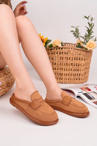 Muggo Vintage Süet Deri Günlük Rahat Önü Kapalı Kadın Loafer Terlik Taba