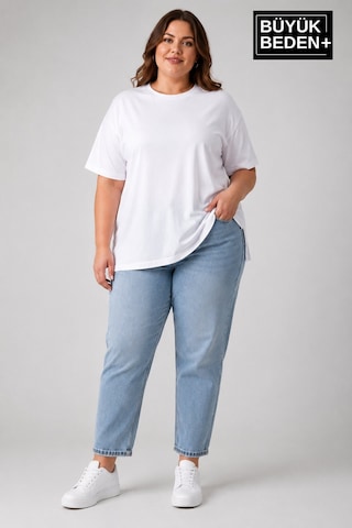 Superlife Büyük Beden Kadın Bisiklet Yaka Yırtmaç Detaylı 3xl-6xl Tunik Tişört Spr26btsk501 Beyaz