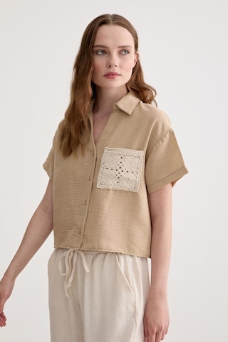 Vos Versa Kadın Keten Dantel Detaylı Kısa Kol Camel Gömlek Vvk47031-415-camel Camel