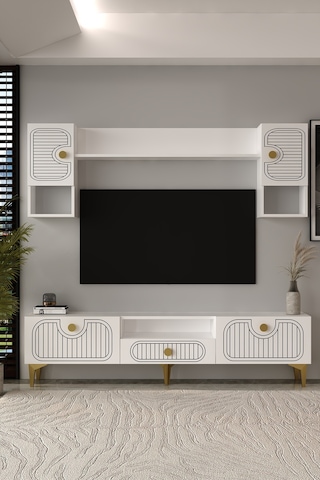 180dhdtüç3ba Hera Lazer Desenli Tv Ünitesi Takımı Beyaz-altın